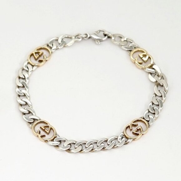 GUCCI Interlocking G Chain Bracelet 7" Silver 925 & 18K Yellow Gold Auth w/Box - Picture 11 of 15